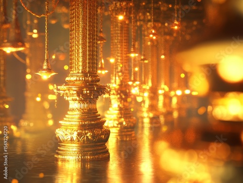 A web banner featuring a 3D-rendered Hindu festival scene.  It's horizontal, showing golden pillars and hanging oil lamps.

