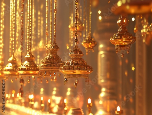 A web banner featuring a 3D-rendered Hindu festival scene.  It's horizontal, showing golden pillars and hanging oil lamps.
