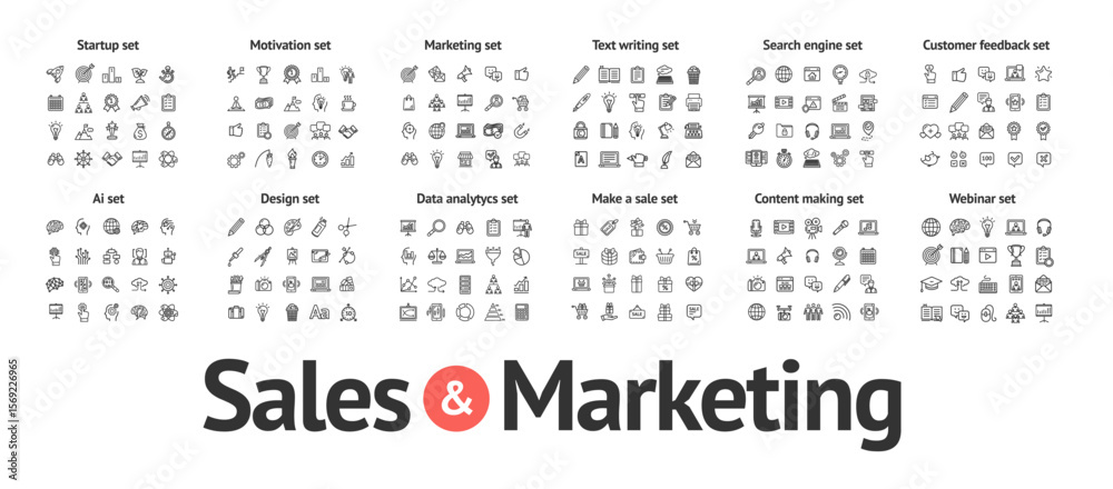 Sales and Marketing Sign Black Thin Line Icon Set Include of Search Engine and Customer Feedback. Vector illustration of Icons Sales and Marketing Sign Black Thin Line Icon Set Include of Search Engine and Customer Feedback. Vector illustration of Icons