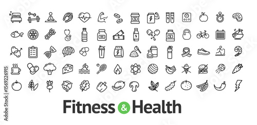 Fitness and Health Life Sign Black Thin Line Icon Set Include of Sport and Food. Vector illustration of Icons