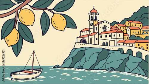 A picturesque coastal scene featuring a lemon tree, boat, and charming village along the rocky shore.