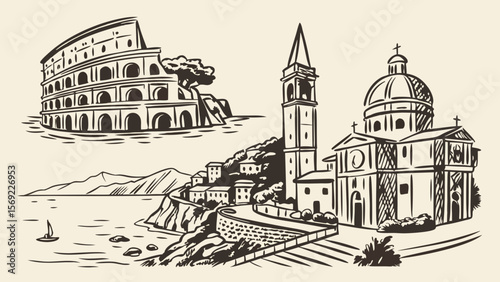 Illustration of a classic gondola, historic architecture, and a taverna sign, evoking a charming Italian coastal town vibe.