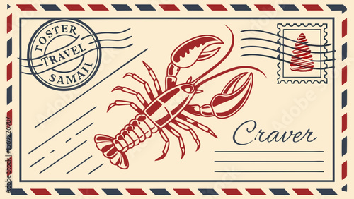 Vintage illustration of a lobster on a postcard, featuring a retro design with stamps and travel motifs.