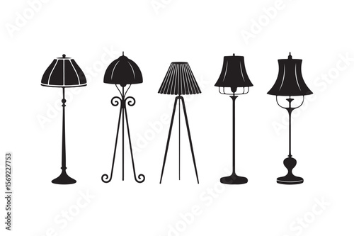 Silhouette bundle art illustration of five different vintage-style floor lamps