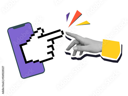 Pixel hand reaches from a phone screen to human's hand. Modern photo collage style. Illustration on transparent background