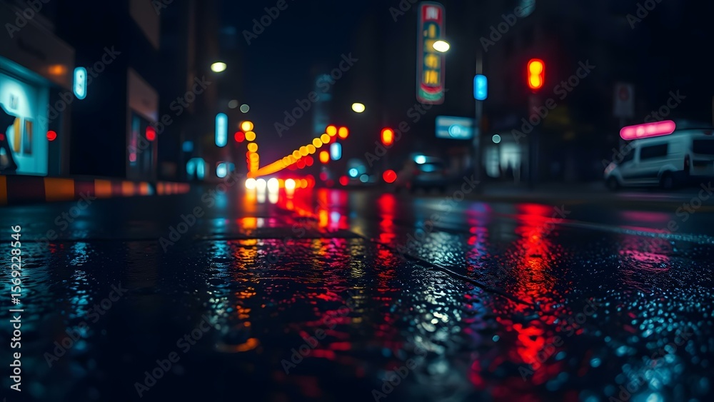 Fototapeta premium A vibrant urban night scene with colorful reflections on wet pavement and glowing traffic lights.