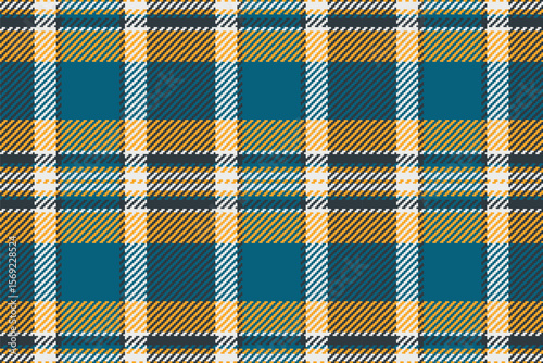 Classic tartan pattern featuring teal, gold, and white. A seamless fabric design ideal for textiles, backgrounds, or any project needing a warm, textured touch.