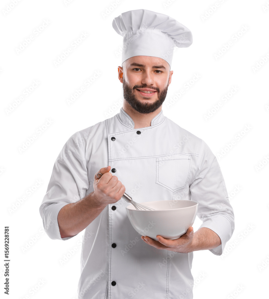 Happy confectioner in uniform holding whisk and bowl on white background Happy confectioner in uniform holding whisk and bowl on white background