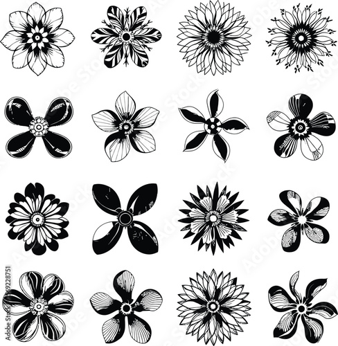 Black-and-White Vector Illustration of Floral Icon Grid – 16-Item Botanical Petal Study