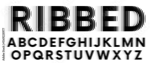 Alphabet with ribbed glass effect. Geometric typography set with bold capital letters distorted by vertical ribbing. Creative sans serif font with distortion through glass. Vector illustration