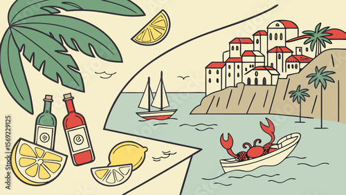 A vibrant illustration featuring coastal scenery with boats, citrus fruits, and a charming seaside village.