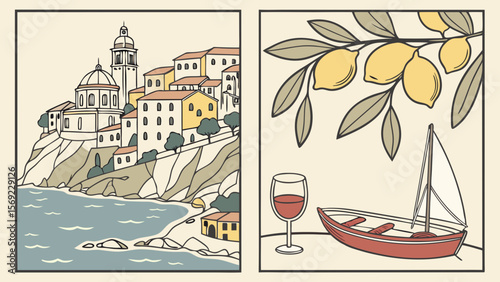 Charming coastal scene featuring a hillside village and a serene still life of a boat, wine glass, and fresh lemons.