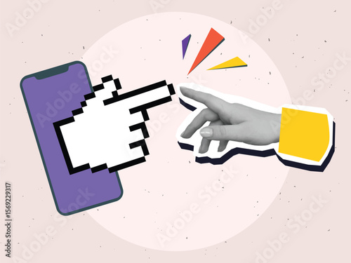Pixel hand reaches from a phone screen to human's hand. Modern photo collage style. Vector illustration