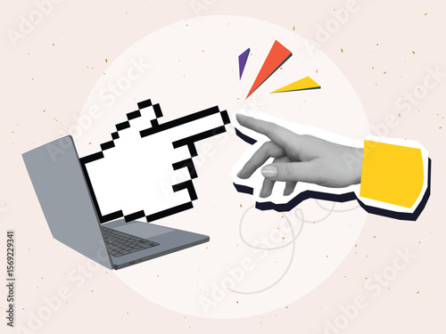 Pixel hand reaches from a laptop screen to human's hand. Modern photo collage style. Vector illustration