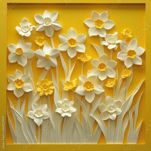 Whimsical daffodil arrangement in a yellow frame.