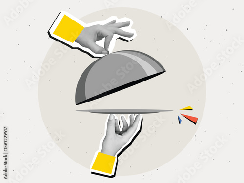 Black and white hands remove the lid from an empty plate - restaurant serving of dish with cloche. Modern collage style. Vector illustration
