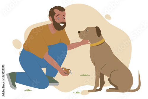 Vector illustration of a man crouching and offering a treat to a sitting dog. The man smiles warmly, highlighting trust and friendship with the dog. Simple background enhances focus.