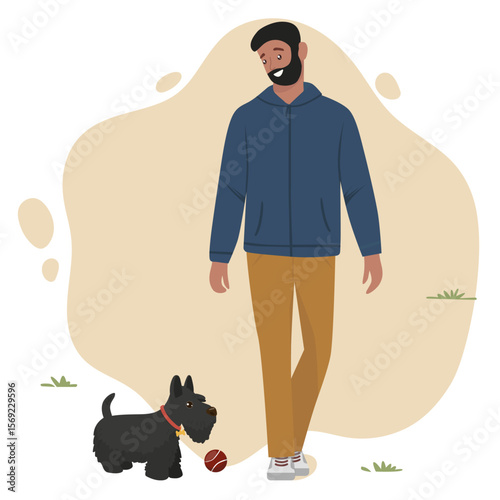 Vector illustration of a man in a hoodie smiling warmly while standing beside a Scottish Terrier. The dog is engaged with a ball, showing enthusiasm and readiness to play.