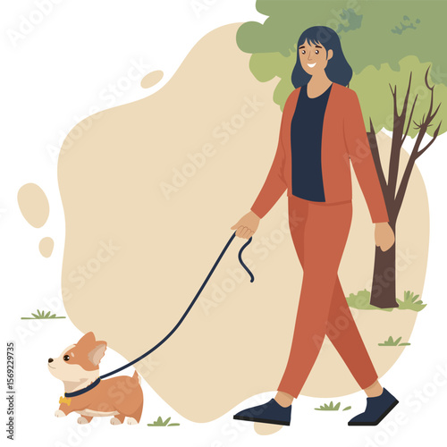Smiling woman in casual attire walking a small dog on a leash in a park. The vibrant illustration captures a joyful outdoor activity, emphasizing companionship and leisure.