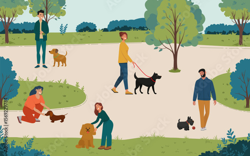 People happily interact with dogs on a sunny day in a park setting. The illustration shows individuals walking, playing, and enjoying leisure time with their pets surrounded by greenery.