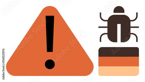 Exclamation point in orange triangle near bug icon atop layered block. Ideal for cybersecurity, software error, bug tracking, warning, threat alert, IT issues, antivirus visuals. Simple flat metaphor