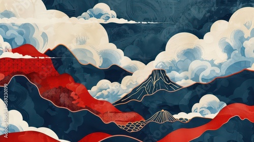 A stylized landscape featuring mountains and clouds in bold colors.