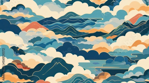 Abstract illustration of mountains and clouds in vibrant colors.