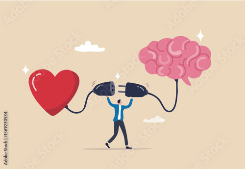 Emotional Intelligence, EI or control feeling and emotion with logical thinking brain, empathy or social skill, self control or balance concept, man connect heart feeling with logical thinking brain