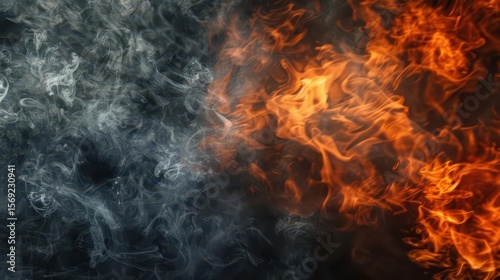 Abstract image of swirling smoke and flames in contrasting colors.