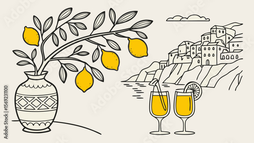 A vibrant illustration featuring a lemon branch in a vase and two refreshing lemon drinks by a coastal town.