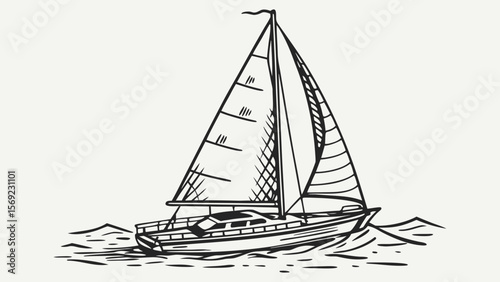 A detailed line drawing of a sailboat gracefully gliding over the waves, embodying a sense of adventure and tranquility.