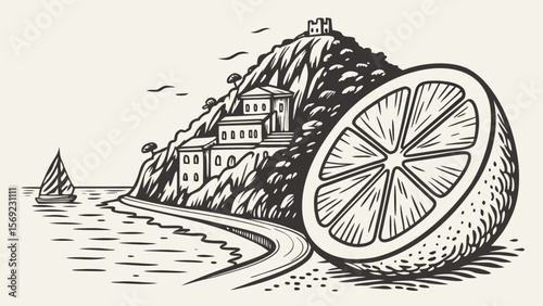 A stylized illustration of a lemon slice near a coastal village, featuring a picturesque landscape with sailing boat.