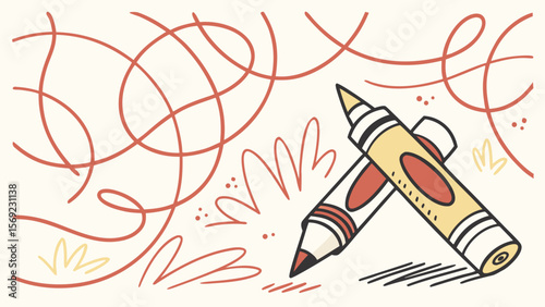 Colorful crayon illustration with two crayons crossing each other, surrounded by playful doodles.