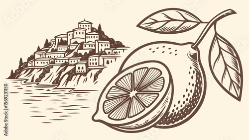 An artistic illustration featuring a lemon slice and a scenic coastal village in the background, showcasing simplicity and elegance.