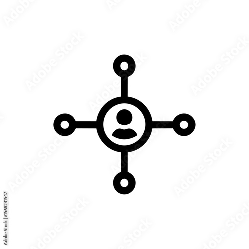 Minimalist vector icon of a central person connected to four nodes, symbolizing social networking, influence, or personal connection in a digital space.

