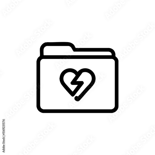 Vector icon of a folder with a broken heart and lightning bolt, symbolizing emotional records, heartbreak, or mental health documentation.

