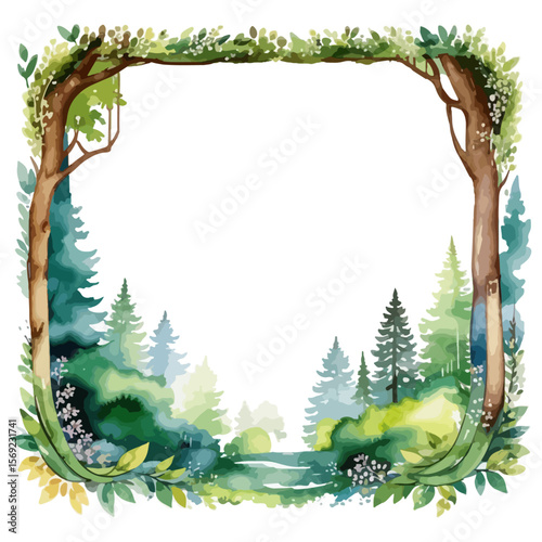 Frame from forest trees and green leaves. Vector isolated decoration element