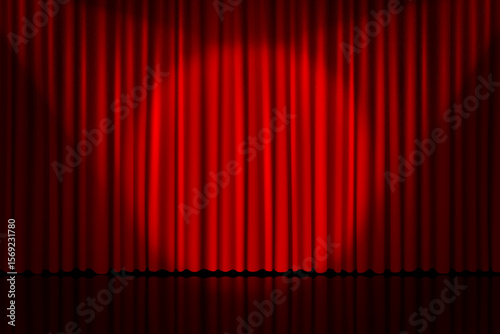 Theatre stage with red curtains and spotlight beam background. Vector
