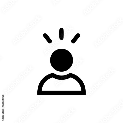 Minimal icon of a person with rays over the head, representing alertness, morning mindset, inspiration, personal clarity, or a spark of an idea.
