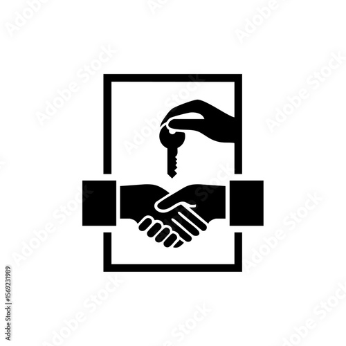 Vector graphic of a key being handed over with a handshake, symbolizing property transfer, agreement, or completion of a secure deal.
