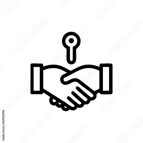 Icon showing a handshake and key symbol above, representing trusted agreement, access, or successful negotiation.
