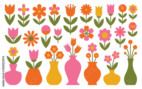 Colorful retro floral illustration featuring scattered flowers and matching vases in flat design

