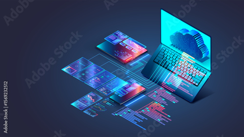 Web development and coding. Cross platform software development of website. Adaptive layout internet page or web interface on screen laptop, tablet and phone. Isometric computer technology concept.