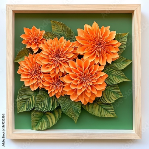 A vibrant arrangement of sculpted paper flowers and leaves.