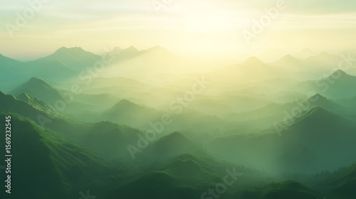 Tranquil morning landscape of rolling green hills with misty fog and soft sun rays creating a peaceful, dreamlike atmosphere