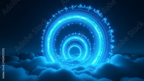 Glowing Blue Rings Portal in Clouds Abstract Digital Art