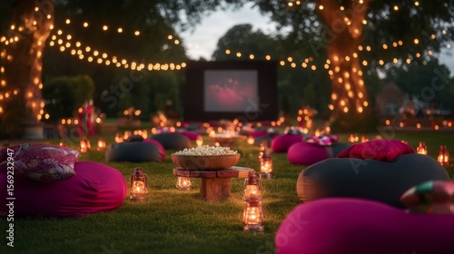 Cozy backyard movie night setup with bean bags, blankets, string lights, and popcorn under evening sky, perfect for outdoor relaxing and entertainment