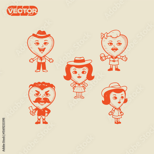 Vintage Heart Family Characters Retro Illustration Set