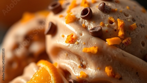 Close up of creamy orange ice cream with chocolate chips and orange zest toppings