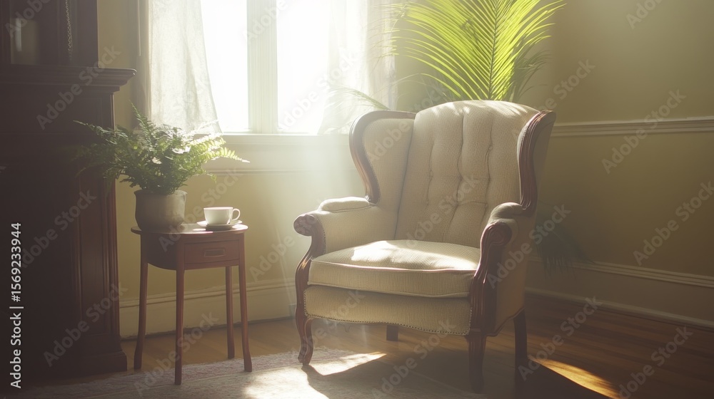 custom made wallpaper toronto digitalWarm sunlit reading nook with plush armchair, cozy side table holding coffee, green potted plant, inviting atmosphere, natural light, elegant interior design